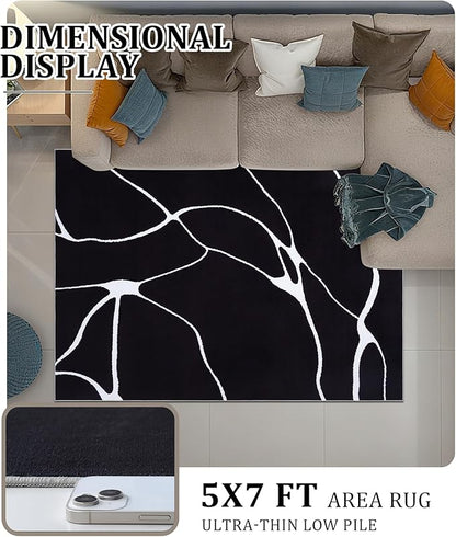 YIHOUSE Modern Washable Area Rug for Living Room Bedroom - Large Abstract Black and White Rug Non-Slip Ultra-Thin Home Decor (Dark Warping, 5'x7'ft)