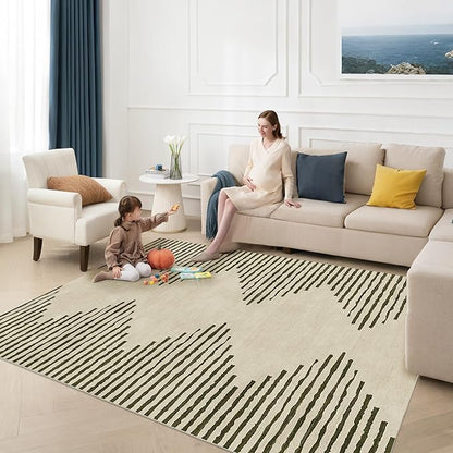 HelloTree Area Rug for Living Room 8x10 Washable Geometric Moroccan Rug Stripe Farmhouse Bohemian Minimalistic Non Slip Non Shedding Ultra Thin Soft Rug for Bedroom Office DiningRoom Nursery-Cream