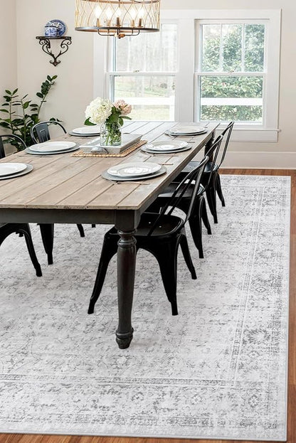 LIVEBOX Traditional Rug 9x12 - Large Gray Vintage Rug for Living Room, Washable Soft Floral Carpet Anti-Skid Thin Neutral Rugs for Office Bedroom Dining Room, Silverygray