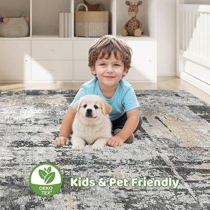 8x10 Area Rugs Living Room: Washable Large Abstract Modern Soft Rug Stain Resistant Indoor Floor Non Slip Accent Carpet for Bedroom Nursery Playroom Dining Room Office Dorm Home House- Black Gold