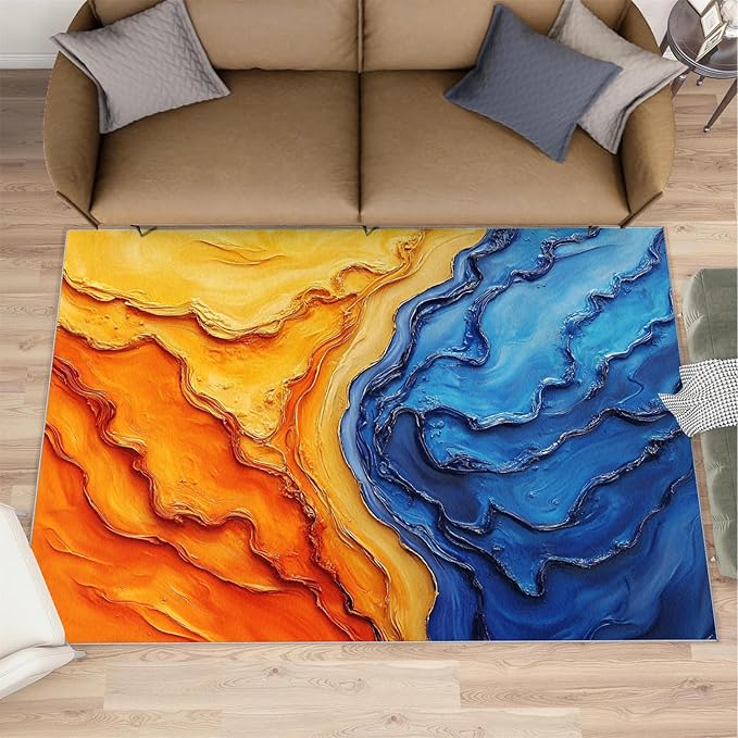 Navy Blue Rugs for Bedroom - 5x8 Area Rug - Abstract Blue Orange Rugs for Living Room, Modern Simple Art Rug, Washable Home Decor Carpet