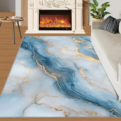 8x10 Abstract Marble Rugs for Living Room - Blue-White-Marble Large Area Rug, Luxury Stone Pattern Modern Boy Nursery Rug Soft Washable for Classroom Office Bedroom Kids Room