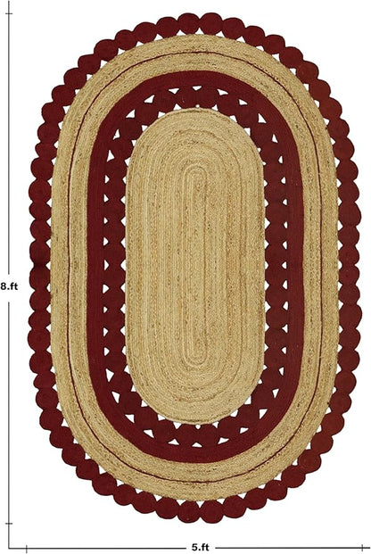 4x6 Jute Oval Rug – Handmade Boho Oval Rug, Flatweave Kilim Style, 0.27" Thick, Solid Red Beige Hand Braided Jute Carpet for Bedroom, Living Room, Dining Room