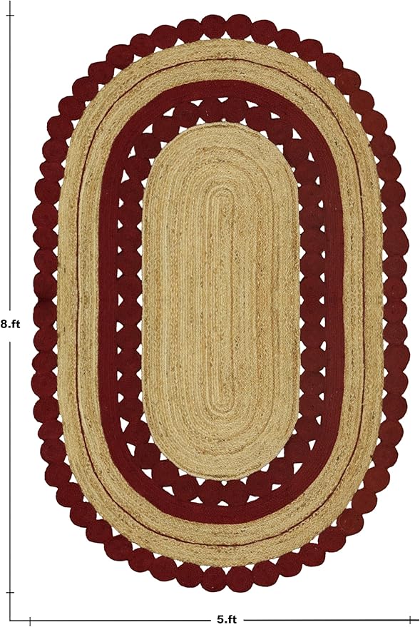 2.6x6 Flatweave Runner – Handmade Boho Oval Rug, Solid Red Beige, Hand Braided Jute, 0.27" Thick Kilim Flatweave for Entryway, Hallway, Indoor Outdoor Corridor