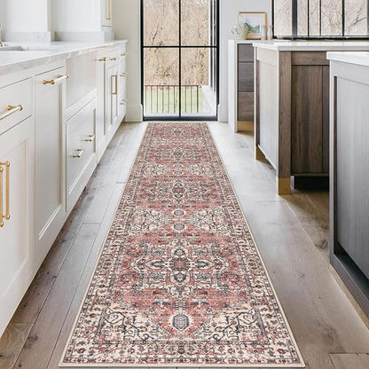KOZYFLY Long Runners for Hallways 2x10 Ft Washable Kitchen Runner Rug Boho Style Entryway Rug Indoor Printed Faux Wool Stair Runner Carpet for Stairs Bedroom Kitchen Hall, Terracotta/Beige