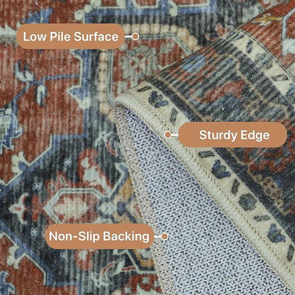GENIMO 5x7 Area Rugs for Living Room, Machine Washable Non Slip Vintage Rugs, Low Pile Lightweight Chenille Print Rug for Bedroom, Dining Room, Home Office,Bordeaux