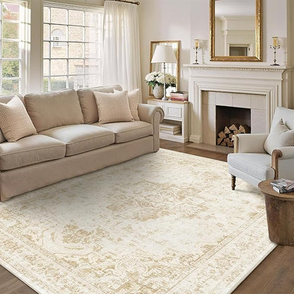 6x9 Vintage Washable Area Rugs Boho Medallion Large Distressed Retro Accent Carpet Floral Non-Slip Soft Low Pile Indoor Throw Rug for Living Room Bedroom Dining Room Office Kitchen, Beige