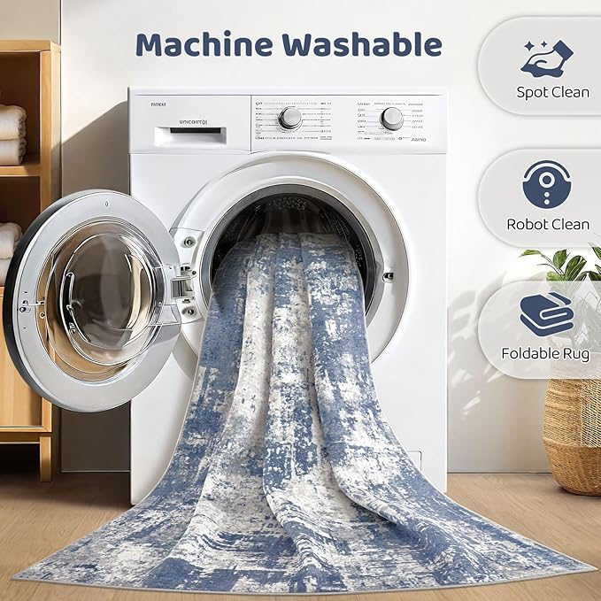 Area Rug Living Room Rugs: 5x7 Washable Large Abstract Modern Soft Stain Resistant Indoor Floor Non Slip Accent Carpet for Bedroom Nursery Playroom Dining Room Office Dorm Home House- Navy Grey