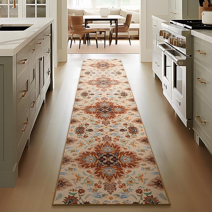 Phantoscope Washable Runner Rug 2'x10' Non-Slip, Vintage Boho Hallway Rugs for Entryway, Stair, Bedroom, Fall Orange Floral Medallion Pattern, Low-Pile Foldable Floor Carpet, Rust/Multi Floral