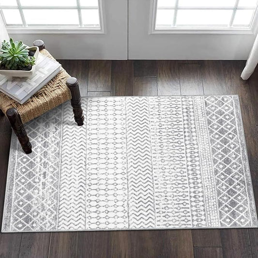 Moroccan Washable Rugs, 2x3 Grey Rug Non-Slip Small Distressed Entryway Rugs, Soft Low-Pile Bedroom Rug Indoor Doormat Carpet for Entryway Kitchen Bathroom