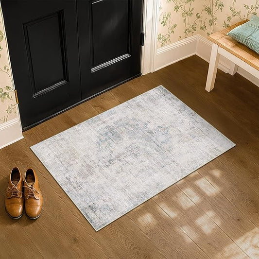 Blue and Gray 2x3 Washable Rug for Entryway Indoor, Kitchen Floor Waterproof, Bathroom, Powder Room, Non Slip Low Pile Stain & Fade Resistant Small Throw Rug, Modern Abstract Decor