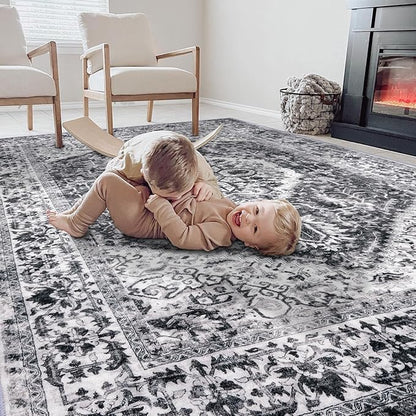 KOZYFLY Boho Area Rug 5x7 Ft Thin Rugs for Living Room Washable Bedroom Rug Non Slip Rugs for Living Room Printed Faux Wool Bedroom Rug Floor Carpet for Dining Room, Grey