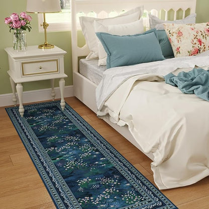 Rugcomf 2x6 Runner Rug Impressionist-Style Vintage Kitchen Rugs Non Slip Washable Soft Carpet Runner for Kitchen Laundry Bedroom Bathroom, Blue