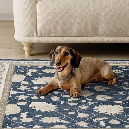 EVERGRACE Hallyway Area Runner Rugs 2x6, Boho Floral Faux Wool Indoor Outdoor Rugs, Washable Rugs for Bedroom Bathroom Living Room Kitchen, Low Pile Floor Mat Carpet for Home Decor, Navy Blue