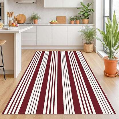 KOZYFLY Striped Outdoor Rug 4x6 Ft Red and White Christmas Front Door Rug Woven Area Rug Washable Indoor Cotton Rugs for Living Room Kitchen Entryway Patio Front Porch Holiday Decor