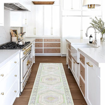 Fame Living Washable Area Rug. Modern Farmhouse. Vintage. Turkish. Bohemian. Distressed. Oriental. Traditional. Rugs for Living Room. Dining. Bedroom. Office. Entryway. Foyer. (856GrnCrm, 2'5" x 4'9")