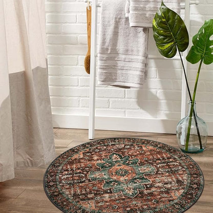 Moynesa Ultra-Thin Washable Round Rug - 3Ft Brown Entryway Rug Low Pile Bathroom Circle Mat, Non Slip Non Shedding Indoor Kitchen Floor Accent Carpet for Bedroom Living Room Foyer Doorway