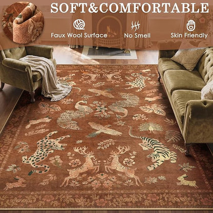Moynesa Orange 5x7 Bedroom Rugs, Vintage Peacock Floral Washable Area Rugs for Living Room Dining Room Office Study, Low Pile Soft Non-Slip Water Repellent Carpets for Fall Winter Home Decor