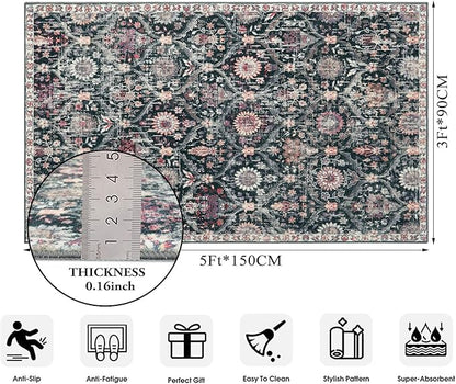 Lahome Moroccan Trellis Washable Small Area Rug, 3x5 Black Rug for Bedroom Living Room, Non-Slip Oriental Accent Throw Carpet for Kitchen Office Entryway Bathroom Office, Black/Multi