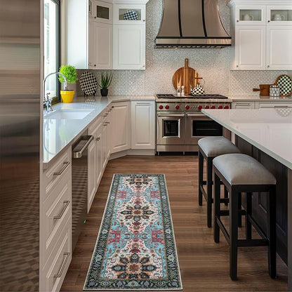 WILLSUN Washable Area Rugs, 2x6 Non-Slip Boho Area Rugs for Kitchen, Living Room, Bedroom, Machine Washable Vintage Rug, Indoor Floral Print Carpet for Home Decor, Kid & Pet Friendly Mat