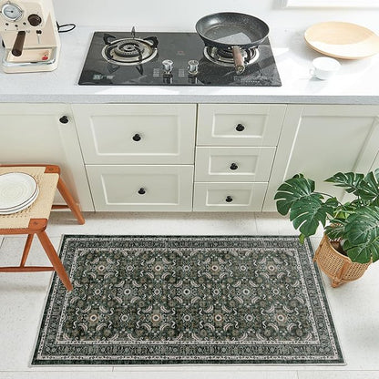 WITSHOCK Washable 2x4 Entryway Area Rug: Soft Non-Slip Backing Washable Rugs Vintage Flower Boho Accent Small Rugs for Bedroom, Kitchen, Bathroom, Nursery Entrance,Dark Green