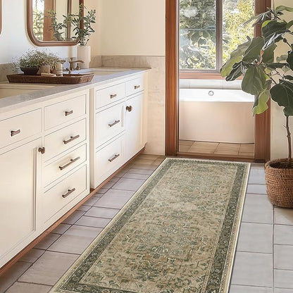 Vintage 2x6 Kitchen Runners Washable Non Slip, Low Pile Distressed Printed Carpet Runners for Hallway 6ft Indoor Entryway/Bedroom Bedside/Laundry Room/Bathroom, Multi Brown/Green