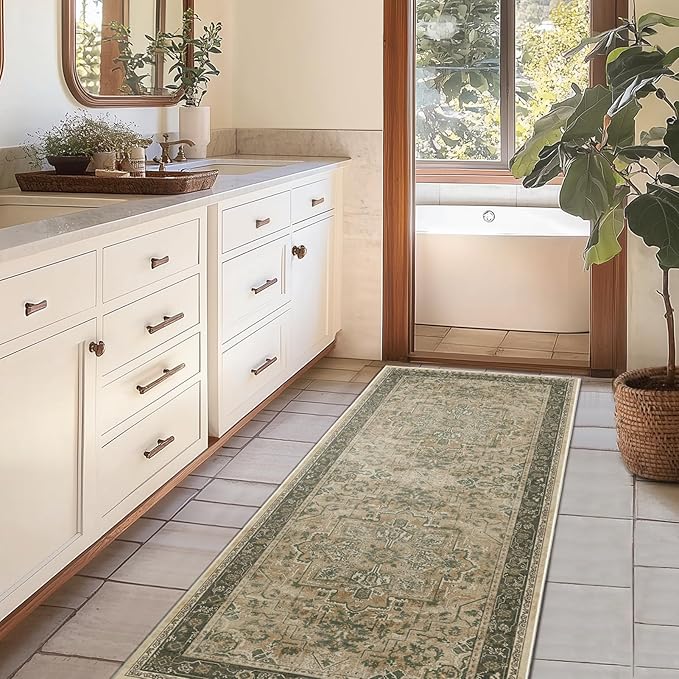 Vintage Medallion 2x5 Runner Rugs for Hallways Non Slip Machine Washable, Low Pile Lightweight Carpet Runner for Entryway/Kitchen/Bathroom/Corridor/Laundry Room, Multi Brown/Green