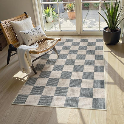 LIVEBOX 3x5 Washable Area Rug Checkered Clearance, Non-Slip Small Entryway Rug Grey Farmhouse Neutral Classic Geometric Boys Rug for Bedroom Living Room Low-Pile Carpet for Indoor Kitchen(Grey 3'x5')