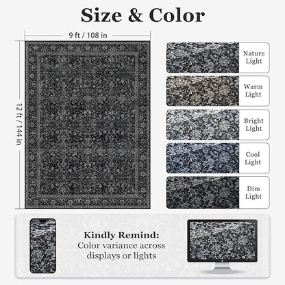 Vintage Charcoal Large Area Rugs 9x12 for Living Room, Earth Tone Dark Big Room Carpet Rug for Bedroom Dining Room, Washable Rug with Rubber Backing Low Pile Thin Soft for Family Room
