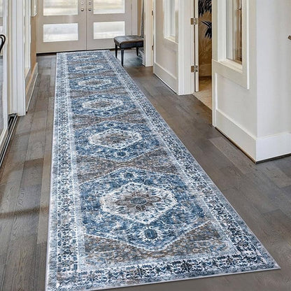 KOZYFLY Runners for Hallways 2.6x16 Ft Extra Long Washable Kitchen Runner Rug Boho Runner Rug for Entryway Indoor Blue Printed Oriental Faux Wool Stair Floor Carpet Runner for Stair Kitchen Hall