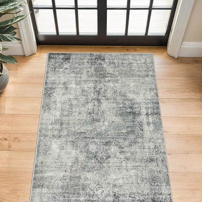 Vintage Large 3x5 Area Rug for Entryway, Slate Blue Washable Farmhouse Kitchen Rugs, Medallion Abstract Carpet for Laundry Room, Bedside, Stain Resistant Cool Room Decor