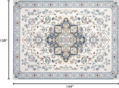 Phantoscope Washable Area Rug 9'x12' Non-Slip, Vintage Boho Rugs for Living Room, Bedroom, Dining Room, Persian Floral Medallion Pattern, Low-Pile Foldable Floor Carpet, Ivory Blue/Garden Bloom