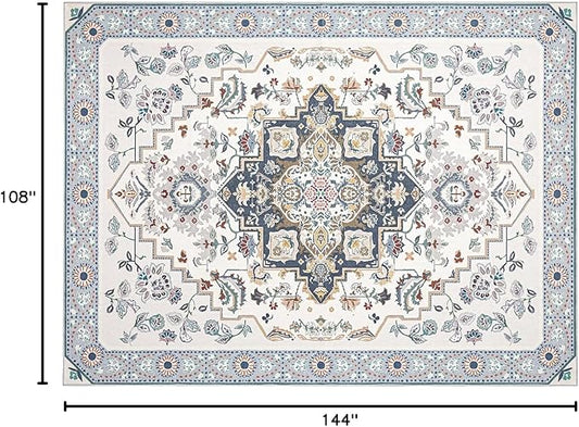 Phantoscope Washable Area Rug 9'x12' Non-Slip, Vintage Boho Rugs for Living Room, Bedroom, Dining Room, Persian Floral Medallion Pattern, Low-Pile Foldable Floor Carpet, Ivory Blue/Garden Bloom