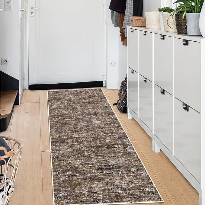 RUGSREAL Hallway Runner Rug 2.5x10 Long Kitchen Runner Rug with Rubber Backing Low Pile Stain Resistant Entryway Carpet Washable Modern Solid Color Runner for Living Room Bedroom, Brown