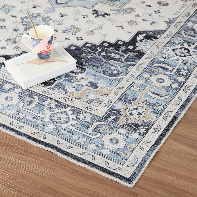 Dripex Vintage 5x7 Area Rugs - Large Washable Area Rug for Living Room Bedroom Oriental Medallion Floral Print Floor Carpet Low-Pile Indoor Soft Non-Slip Accent Rug Farmhouse Home Office Decor