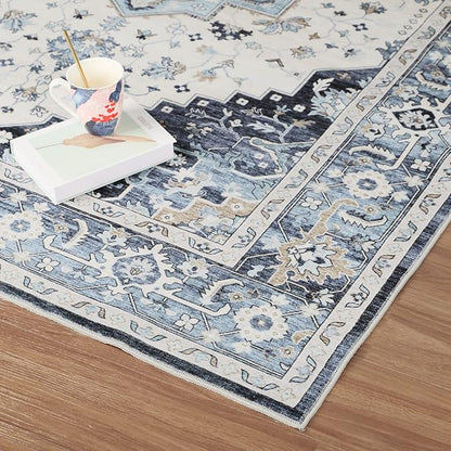 Dripex Washable Area Rug 6x9 Living Room Rug Stain & Water Resistant Foldable Thin Vintage Rugs Faux Wool Floor Carpet for Bedroom Dining Room Kitchen Bathroom Farmhouse Office