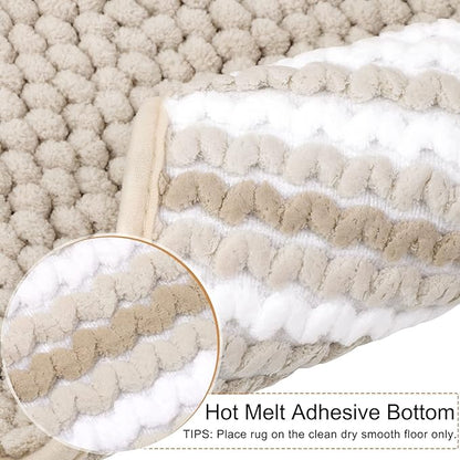 PiccoCasa Chenille Bathroom Rug, Soft Fluffy Absorbent Bath Mat, Medium Pile Striped Carpet Washable Non Slip Bathroom Floor Mats(17"x24",Khaki & White)
