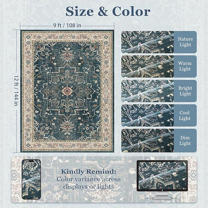 Large Vintage Area Rugs 9x12 for Living Room, Dark Distressed Medallion Printed Big Carpet Rugs for Bedroom, Washable Non Slip Low Pile Thin Rugs for Dining Room, Deep Blue/Multi