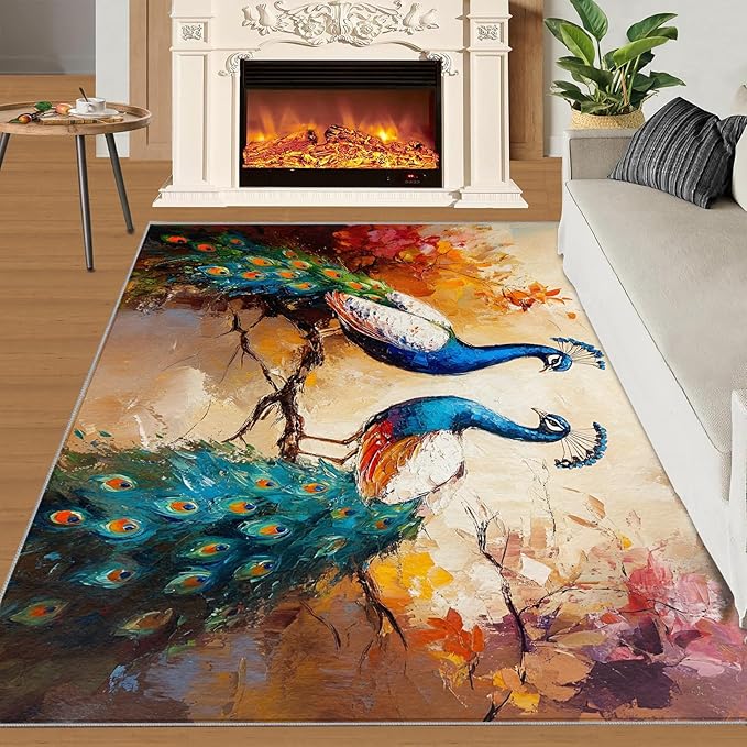 Peacock Rug 4x5-4x5 Rug, Classic Peafowl Floral Area Rugs for Bedroom, Peacock Couples Rugs for Living Room, Oil Painting Art Washable Mat, Aesthetics Carpet - Peafowl Home Decor & Gifts