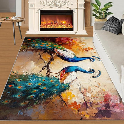 Peacock Rug 5x6-5x6 Rug, Classic Peafowl Floral Area Rugs for Bedroom, Peacock Couples Rugs for Living Room, Oil Painting Art Washable Mat, Aesthetics Carpet - Peafowl Home Decor & Gifts