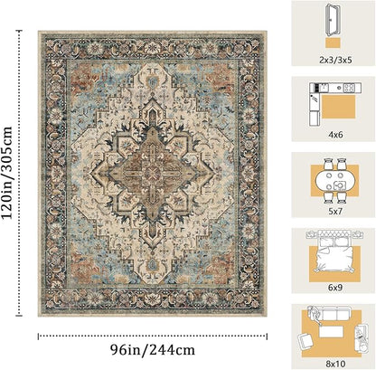 8x10 Machine Washable Area Rug for Living Room, Blue Beige Boho Vintage Floral Rug Large Non-Slip Low Pile Soft Faux Wool Carpet, Kids and Pets Friendly for Bedroom Dining Room Farmhouse Decor Rug