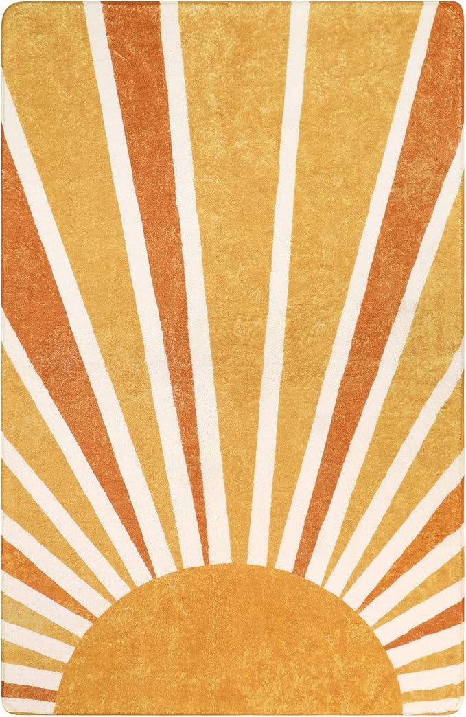 Lahome Boho Area Rug: 4'x6' Machine Washable & Non-Slip with Rainbow Sun Print for Living Room, Bedroom, Nursery, Entryway, Dining Room & Office Decor