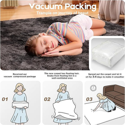 4x6 Rugs for Bedroom, Fluffy Small Area Rugs for Living Room, Soft Shag Fuzzy Carpet with 4 Non-Slip Stickers for Kids Boys and Girls Nursery Dorm Home Decor (Tie-Dyed Black Grey, 4ft x 6ft)
