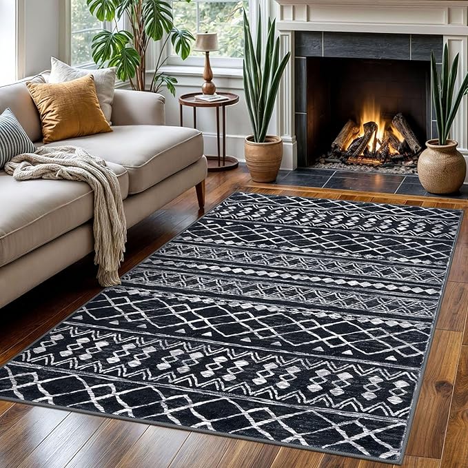 KUTA Bedroom Boho Rug 4x6 Black, Moroccan Washable Area Rugs Non Slip, Ultra Soft Print Distressed Geometric Low-Pile Entry Throw Carpet for Bedroom Nursery Dorm Kitchen Decor