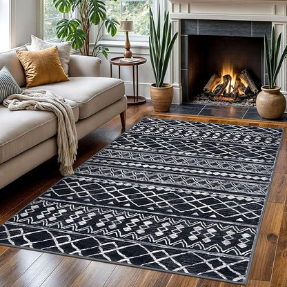 KUTA Bedroom Boho Rug 4x6 Black, Moroccan Washable Area Rugs Non Slip, Ultra Soft Print Distressed Geometric Low-Pile Entry Throw Carpet for Bedroom Nursery Dorm Kitchen Decor