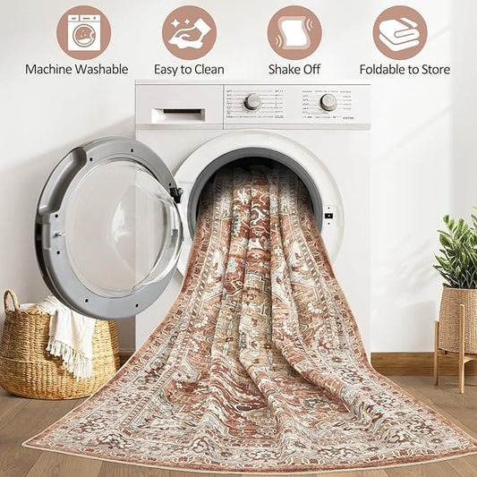 9x12 Area Rug Living Room: Machine Washable Boho Large Vintage Soft Rugs Stain Resistant Farmhouse Oriental Non Slip Indoor Floor Carpet for Bedroom Nursery Kids Playroom Office Dining Room- Red Brown