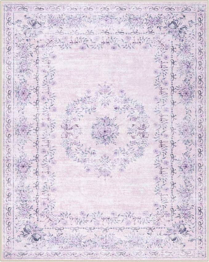 Wonnitar Floral Print 8x10 Washable Rug, Purple Bow Room Decor for Girls Bedroom, Ultra-Thin Non Slip Soft 8 x 10 Large Boho Carpet for Living Room Baby Nursery Kids Playroom