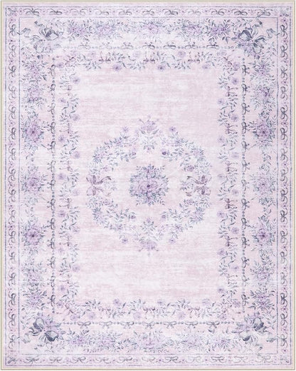 Wonnitar Floral Print 8x10 Washable Rug, Purple Bow Room Decor for Girls Bedroom, Ultra-Thin Non Slip Soft 8 x 10 Large Boho Carpet for Living Room Baby Nursery Kids Playroom