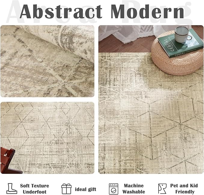 jinchan Moroccan 4x6 Area Rugs for Bedroom - Machine Washable Soft Modern Geometric Stain Resistant Non-Slip Ultra-Thin Low-Pile Faux Wool Carpet for Living Room Kitchen Dining Room (4x6ft, Taupe)