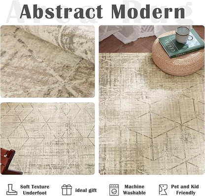 jinchan Moroccan 4x6 Area Rugs for Bedroom - Machine Washable Soft Modern Geometric Stain Resistant Non-Slip Ultra-Thin Low-Pile Faux Wool Carpet for Living Room Kitchen Dining Room (4x6ft, Taupe)